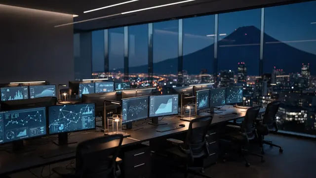 Sala de operaciones con pantallas de datos frente a la ciudad y un volcán